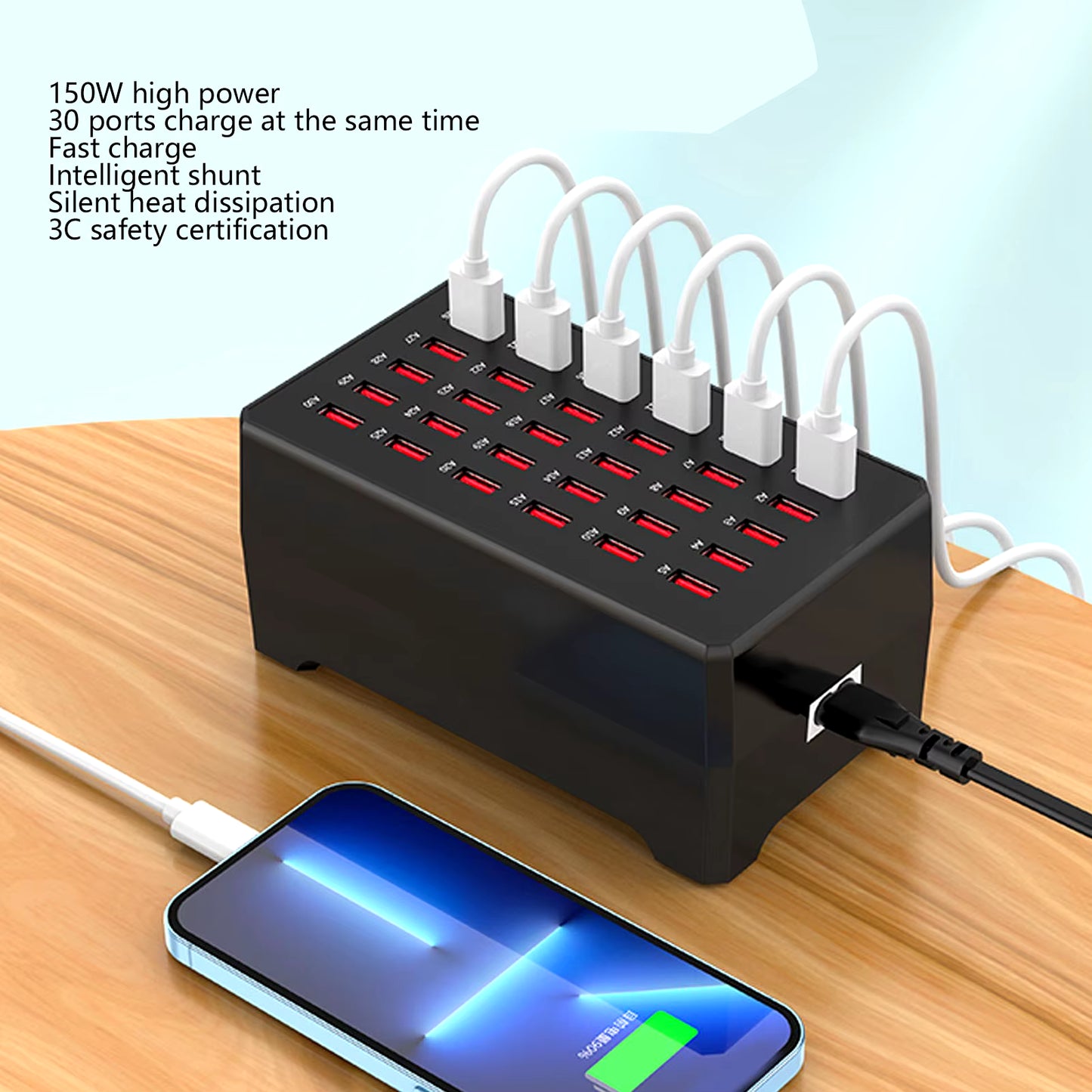 USB Charger Station 150W 1A to 2.4A 30 Port Fast Charging Hub with Smart Charging Recognition for Travel Family Gatherings Hotel