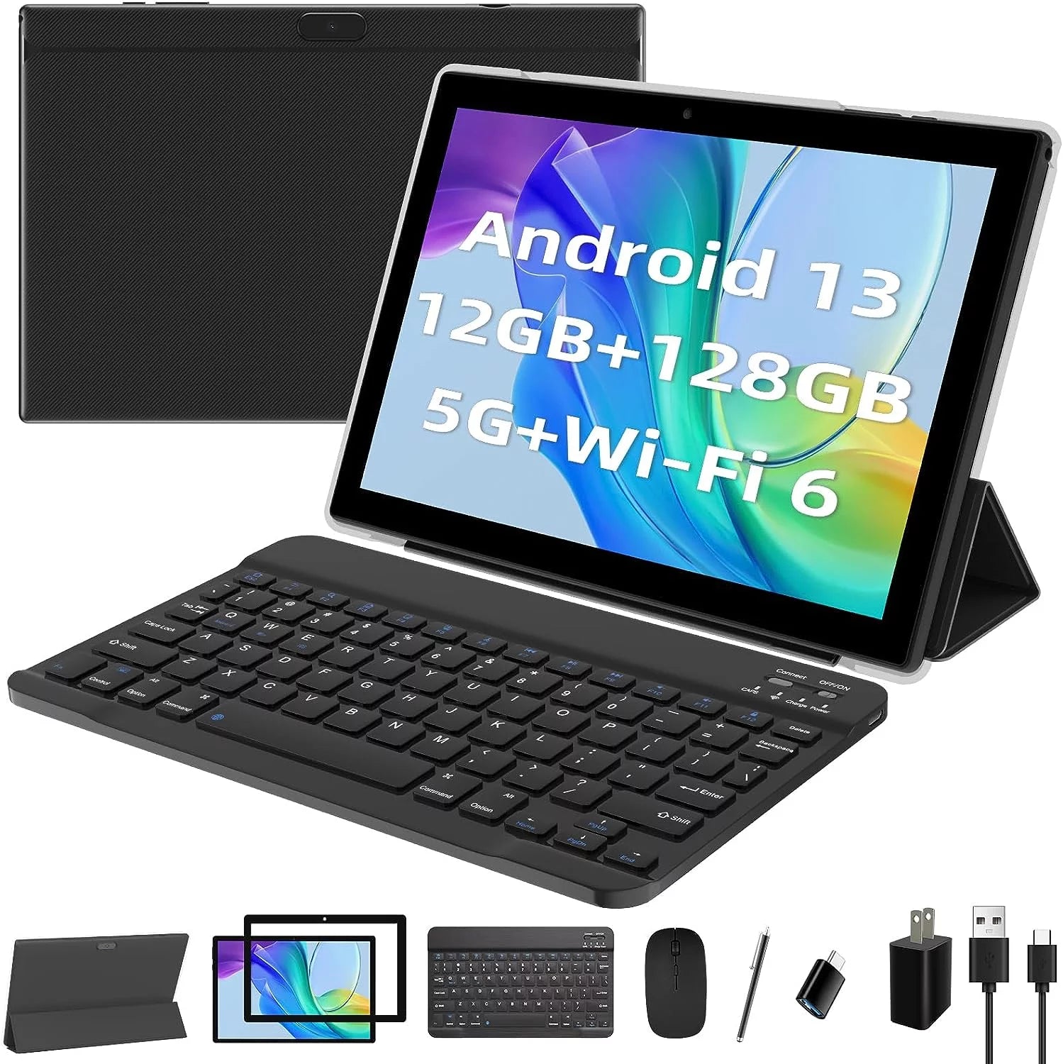 2024 Newest Android 13 Tablet 10 Inch, 12GB RAM 128GB ROM/1TB Expandable Tablet PC, 2 in 1 Tablets with Keyboard, Quad-Core 2.0Ghz CPU HD Screen, Google Certified 5G Wifi 6 BT 5.0, 8MP Camera Tableta