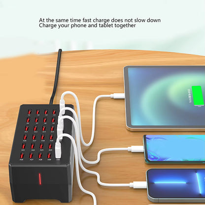 USB Charger Station 150W 1A to 2.4A 30 Port Fast Charging Hub with Smart Charging Recognition for Travel Family Gatherings Hotel